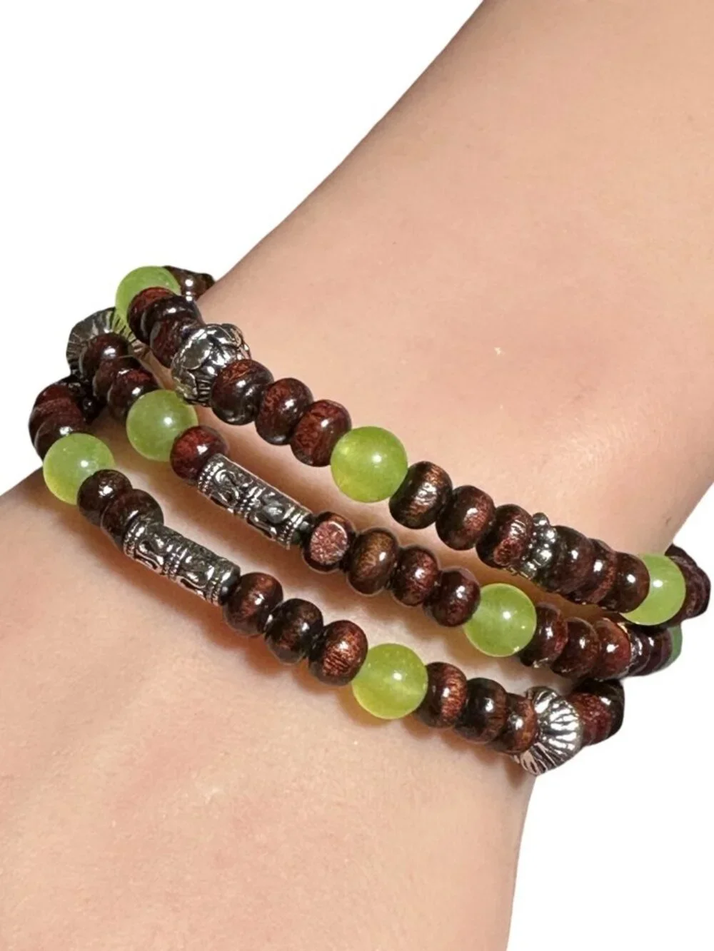 Beaded Bracelet Toggle Closure Wood Beads Green Silver Tone Womens Jewelry NWOT
